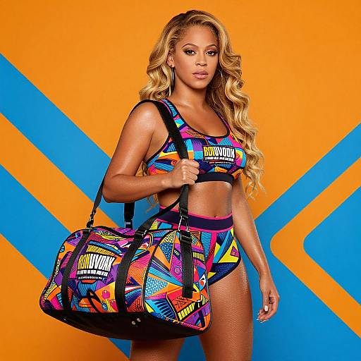Photograph of a blonde woman in vibrant, geometric-patterned sports bra and shorts, carrying a matching bag, against an orange and blue background.