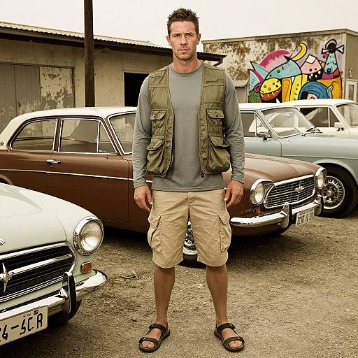 Photograph of a ruggedly handsome man in a green vest, gray shirt, and beige cargo shorts, standing in front of vintage cars with a colorful