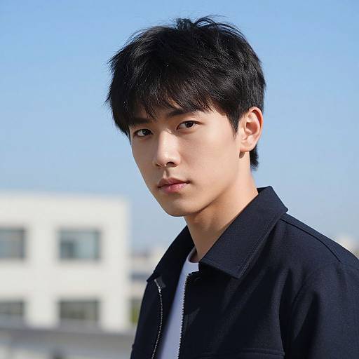 Photograph of an Asian man with fair skin, black hair, and brown eyes, wearing a black jacket over a white shirt, against a clear blue