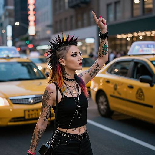 Photograph of a tattooed, punk-styled woman with spiked hair and red-black dyed hair, wearing a black crop top and high-wa