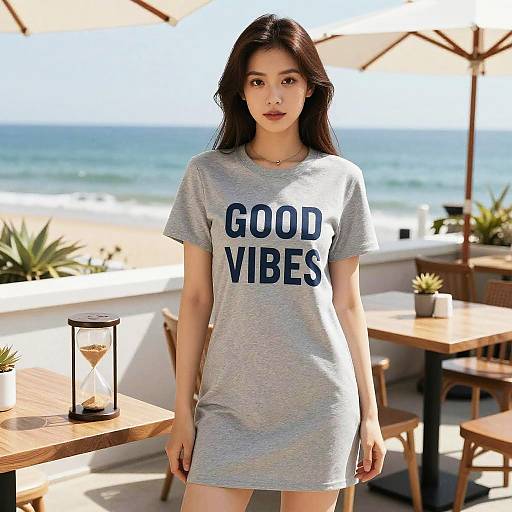 Asian woman with long black hair, wearing a gray 