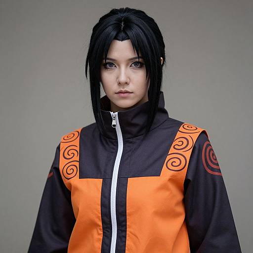 Photograph of a young woman with pale skin, black hair, and piercing blue eyes, wearing an orange and black ninja-style jacket with spiral patterns.