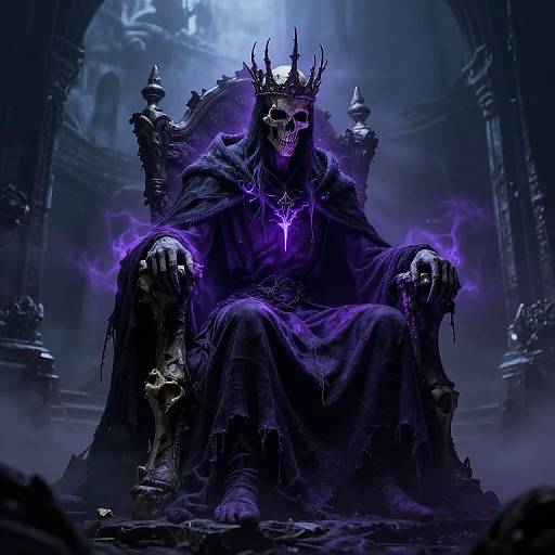 Digital art of a skeletal, crowned figure with glowing purple aura, sitting on a dark, ornate throne in a foggy, gothic cathedral.