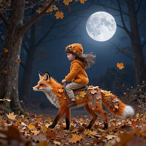 Magical photograph of a child in an orange hooded sweater riding a fox through an autumn forest under a full moon.