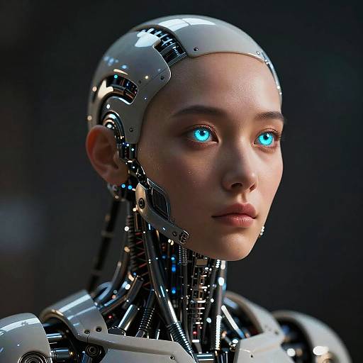 CGI image of a female robot with glowing blue eyes, metallic head, and neck, against a dark background. Her human-like face contrasts with intricate