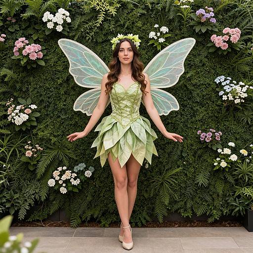 Photograph of a fair-skinned woman with long brown hair, green fairy dress, translucent wings, flower crown, and white heels, standing in front