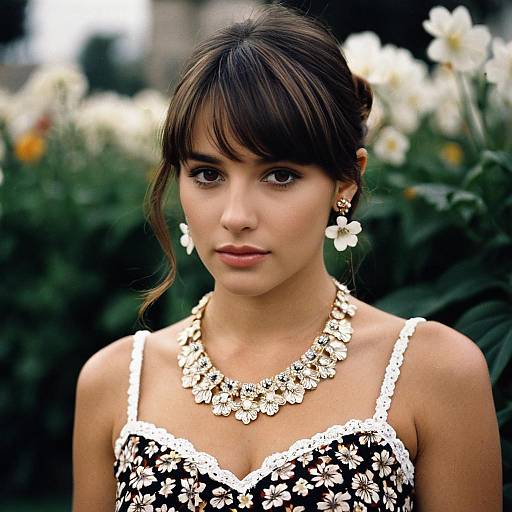 Woman in Floral Dress with Jewelry Outdoors