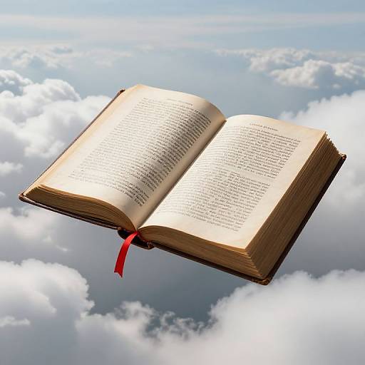 Photograph of an open book with a red ribbon marker floating in the sky above fluffy white clouds.