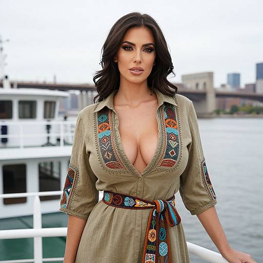 Photograph of a brunette woman with large breasts, wearing a low-cut, embroidered, olive green dress, standing on a boat dock. Urban skyline in