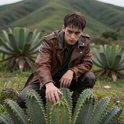 Young man in leather jacket crouching by cactus