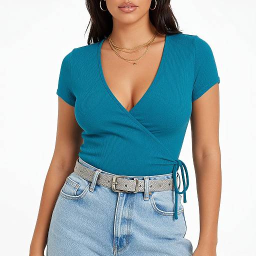 Photograph of a woman with long dark hair, wearing a blue ribbed V-neck top, gold necklace, light blue high-waisted jeans,