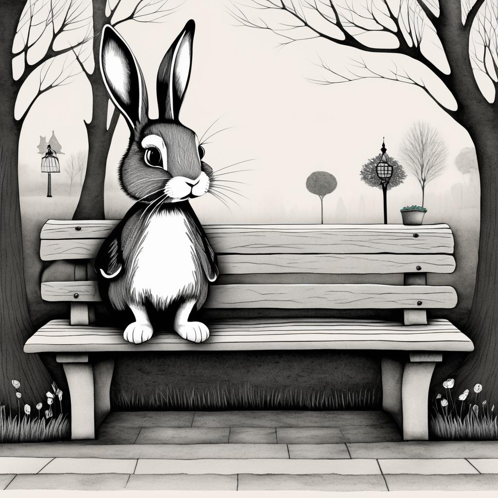 Whimsical Rabbit on a Park Bench