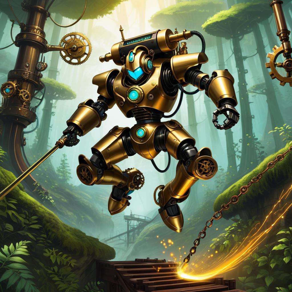 Steampunk Robot Explorer in Mechanical Forest