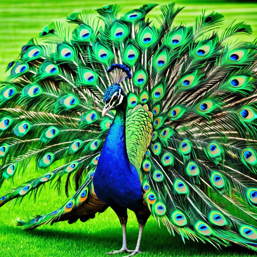 Vibrant Peacock on Lush Green Lawn