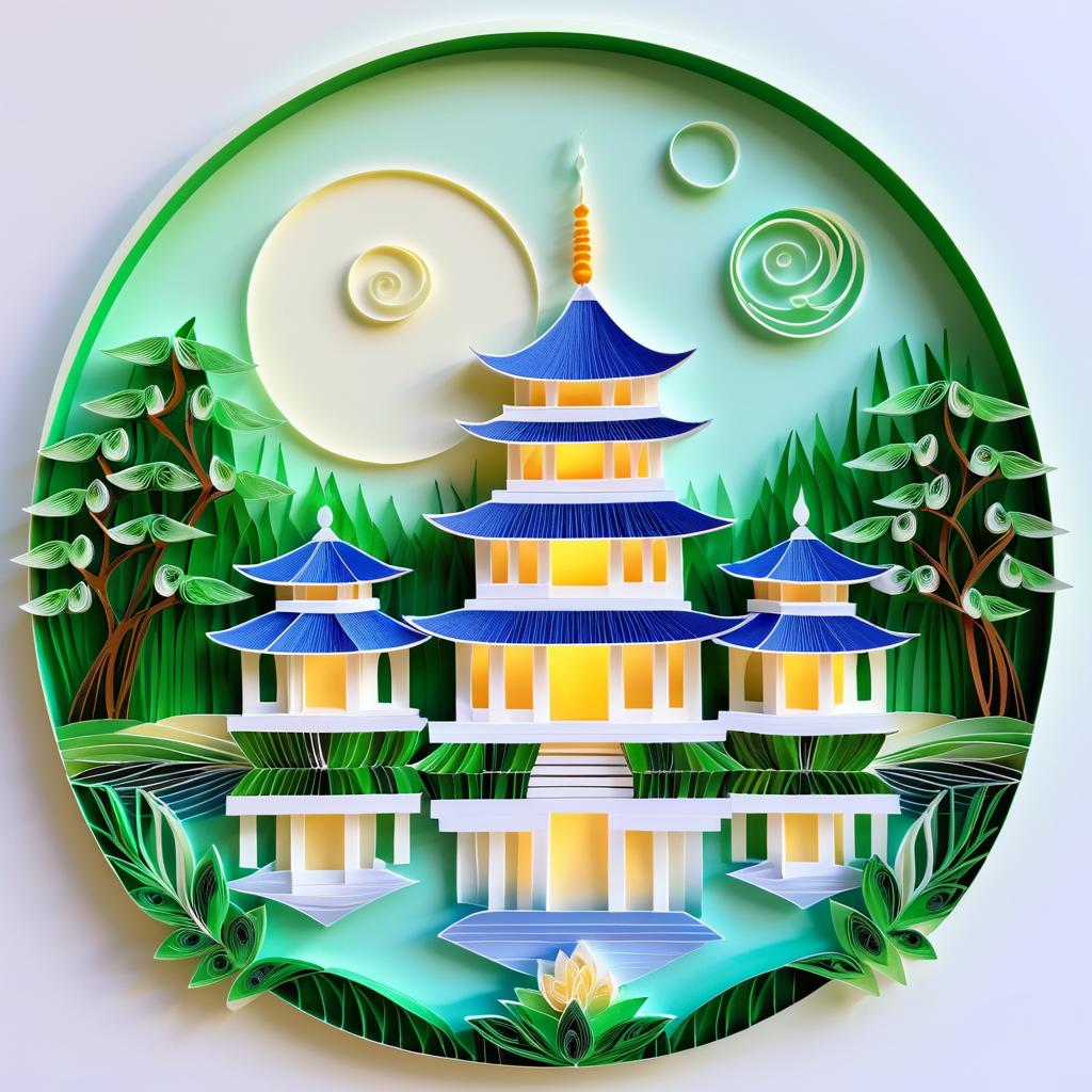 Serene Temple by the River in Quilling