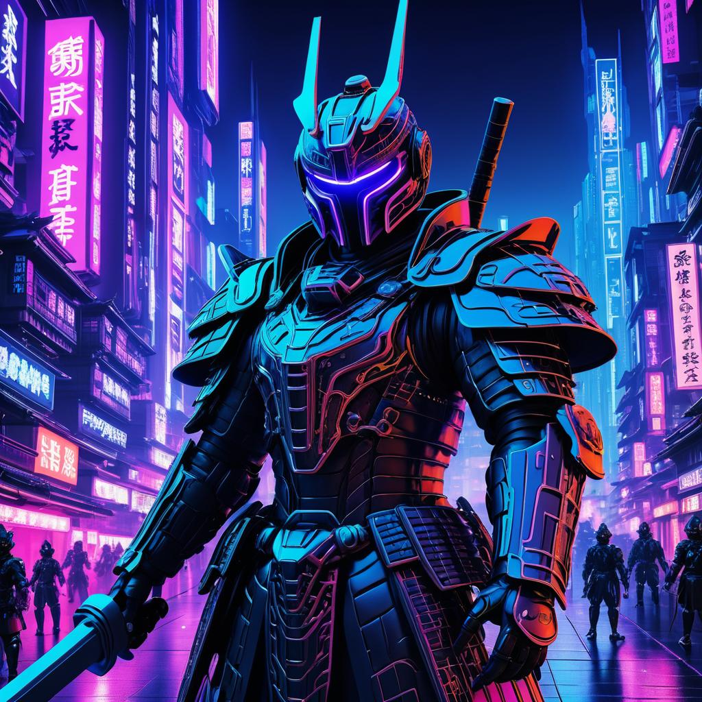 Cyberpunk Robotic Samurai in Neon City