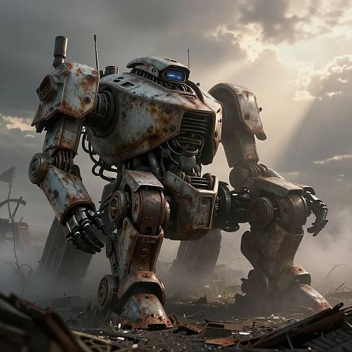 Photorealistic CGI of a heavily rusted, battle-worn robot with glowing blue eyes standing amidst a cloudy, sunlit, war-torn landscape