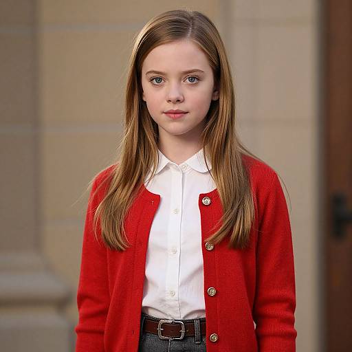Photograph of a young Caucasian girl with straight brown hair, wearing a red cardigan, white shirt, and black belt, standing in front of a