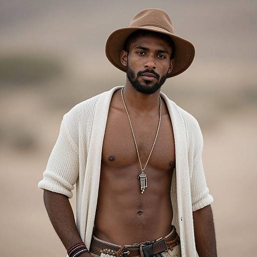 Photograph of a muscular, dark-skinned man with a beard, wearing a brown hat, white open cardigan, and necklace, standing in a