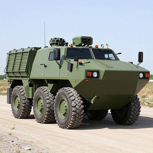 Photograph of a large, olive-green, six-wheeled military armored vehicle with rugged tires, mounted antenna, and orange lights, on a dusty