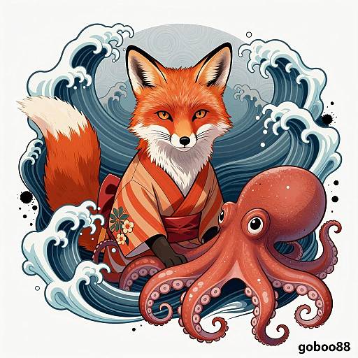 Fox in Kimono with Octopus and Waves