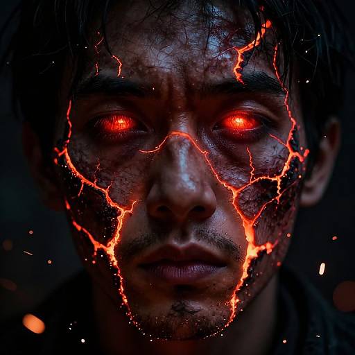 Photograph of a dark-haired man with glowing red eyes, crackling red veins on his face, against a black background. Intense, supernatural appearance