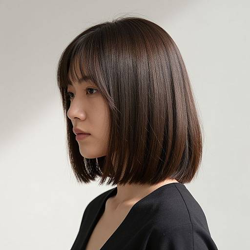 Photograph of an East Asian woman with a sleek, straight black bob haircut, wearing a black top, against a white background.