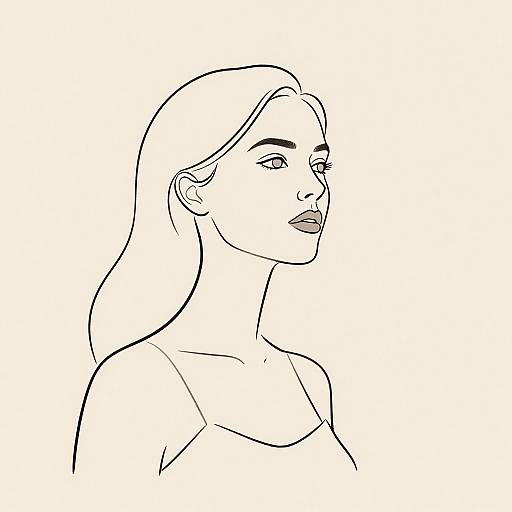 Black and white line drawing of a confident woman with long hair, closed eyes, and slightly parted lips, wearing a strap top, set against a plain