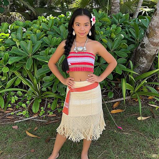 Photograph of a young Asian girl with long black hair in a braid, wearing a red and white striped top, and a white, fringed