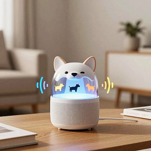 Photograph of a white, spherical smart speaker with a cute dog face, emitting blue and yellow signals, on a wooden table.