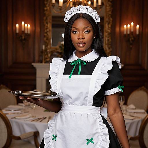 Photograph of a Black woman in a classic French maid outfit with white lace headpiece, green ribbon bow, holding a silver tray, standing in an