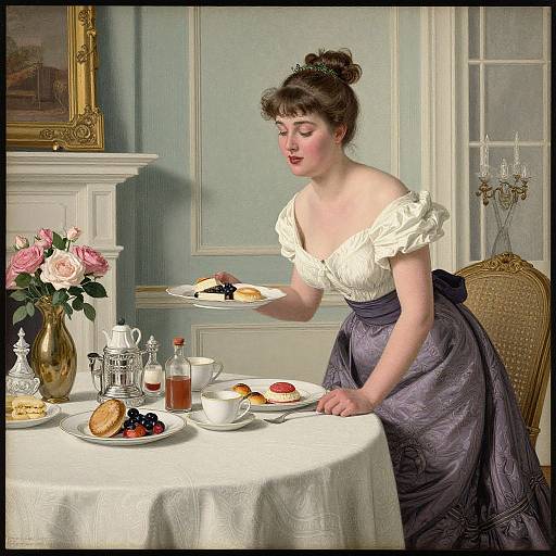 Victorian-style photograph of a fair-skinned woman in an off-shoulder white blouse and purple skirt, serving tea and pastries at an elegant