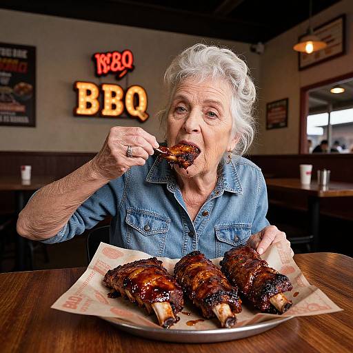 Older Woman Eating BBQ Ribs in Texas BBQ Joint