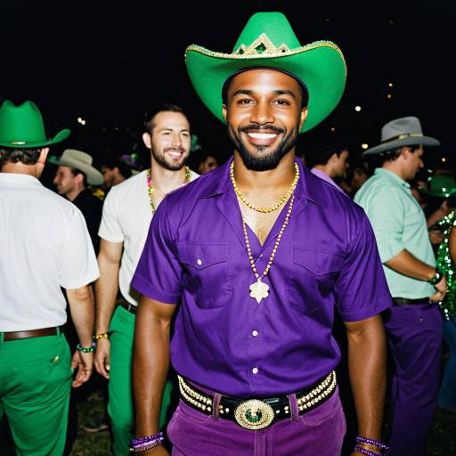 Man in Purple Shirt and Green Cowboy Hat at Mardi Gras Party