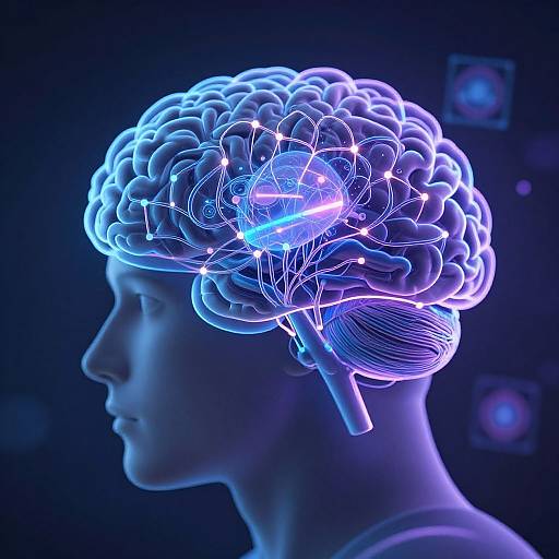 Digital illustration of a glowing blue and purple human head profile with illuminated neural networks inside the brain against a dark background.