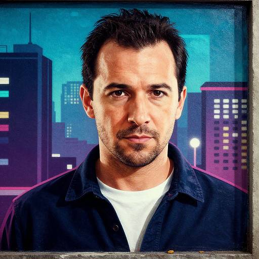 Photograph of a serious, bearded white man with short dark hair, wearing a black shirt over a white t-shirt, set against a vibrant,