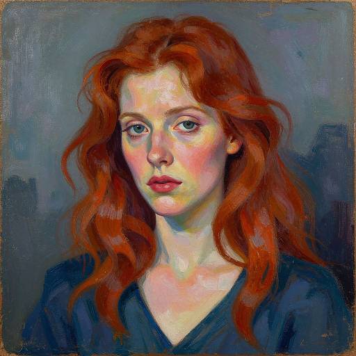 Digital painting of a fair-skinned, red-haired woman with wavy hair, blue eyes, and pink lips, wearing a dark blue top, against