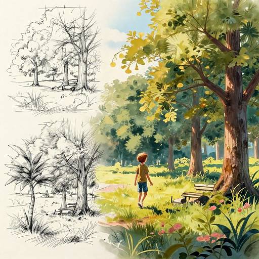 Digital illustration of a child in a yellow shirt and shorts standing by a tree in a sunlit forest, contrasted with black-and-white tree sketches on