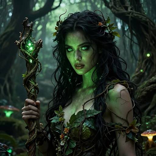 Digital fantasy artwork of a green-skinned, dark-haired forest nymph with glowing eyes, wearing leafy attire, holding a glowing wooden staff, surrounded by