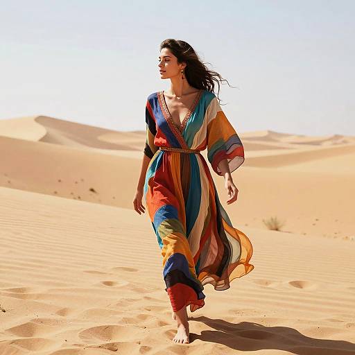 Woman Walking in Desert in Colorful Dress
