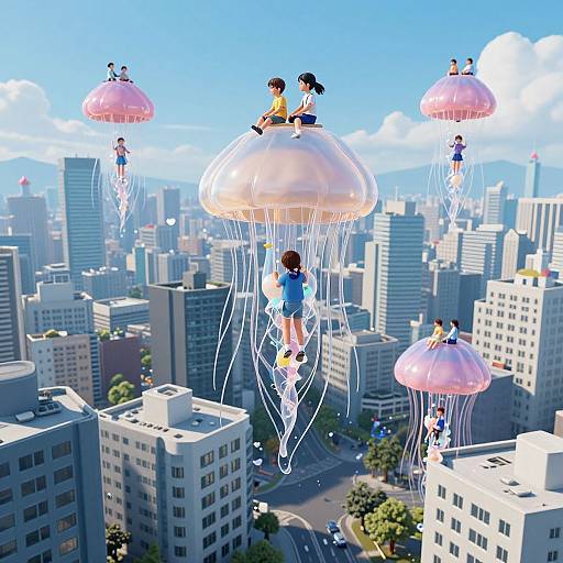 Digital anime-style illustration of five girls floating on pink jellyfish-like bubbles above a bustling city skyline, with clear blue sky.