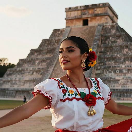 Photograph of a dark-skinned woman with floral hair accessory, traditional white blouse with red embroidery, gold earrings, and necklace, posing in front of