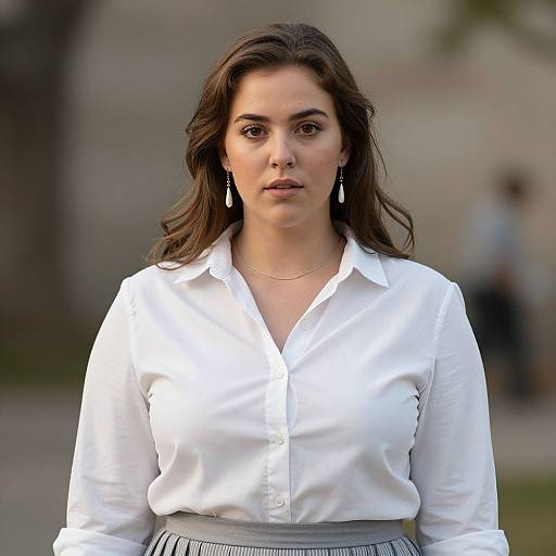Photograph of a serious-looking woman with long brown hair, wearing a white button-up shirt, gray skirt, and dangling earrings, standing outdoors with a