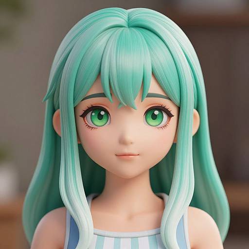 3D anime-style girl with large green eyes, long mint-green hair, and white-blue striped tank top, softly smiling, blurred indoor background.