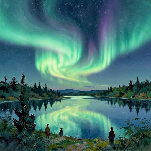 Digital painting of two people standing by a reflective lake at night, gazing at vibrant green, purple, and blue auroras in a starry sky