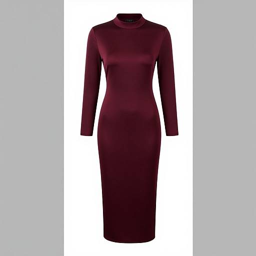Photograph of a long-sleeve, deep burgundy, form-fitting dress with a high neckline, centered on a white background.
