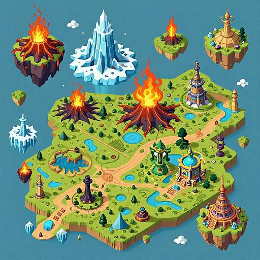 Colorful digital isometric map of a fantasy island with volcanoes, ice peaks, temples, blue lakes, and green landscapes, floating in a blue