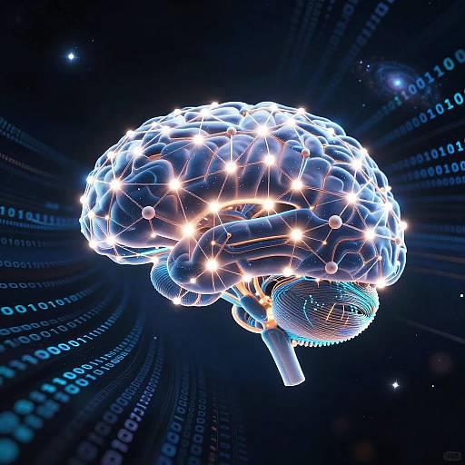 Digital CGI of a glowing, wireframe human brain with bright white and blue lights, set against a dark, binary code-filled background.