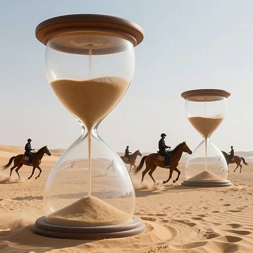 Digital artwork: Silhouetted horse riders ride through a desert with two large hourglasses casting shadows, sand swirling around. Bright sunlight.