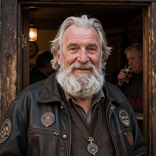 Photograph of an elderly white man with a white beard, wearing a black leather jacket adorned with patches, smiling warmly in a wooden doorway, with another